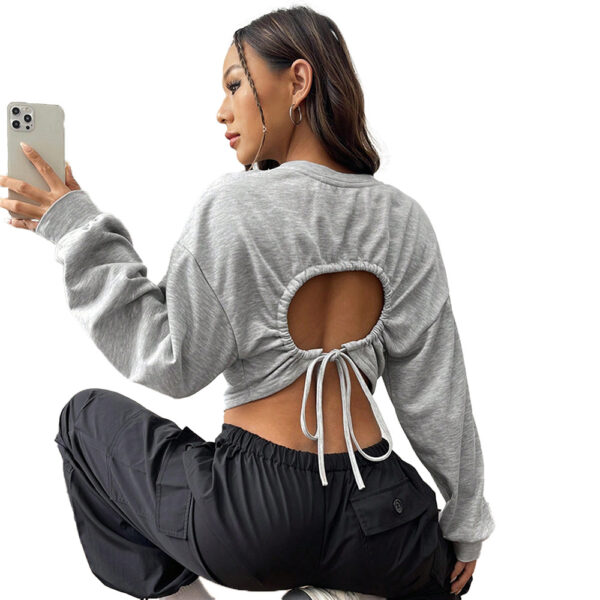 Cross-border European And American Women's High Waist Leaking Navel Drawstring Waist-tight Sweater Outer Wear Short Large Loose Long Sleeve T-shirt - Image 5