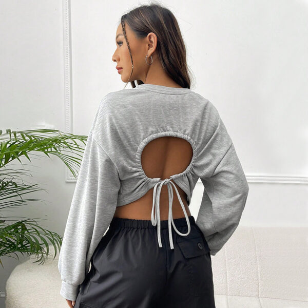 Cross-border European And American Women's High Waist Leaking Navel Drawstring Waist-tight Sweater Outer Wear Short Large Loose Long Sleeve T-shirt - Image 4